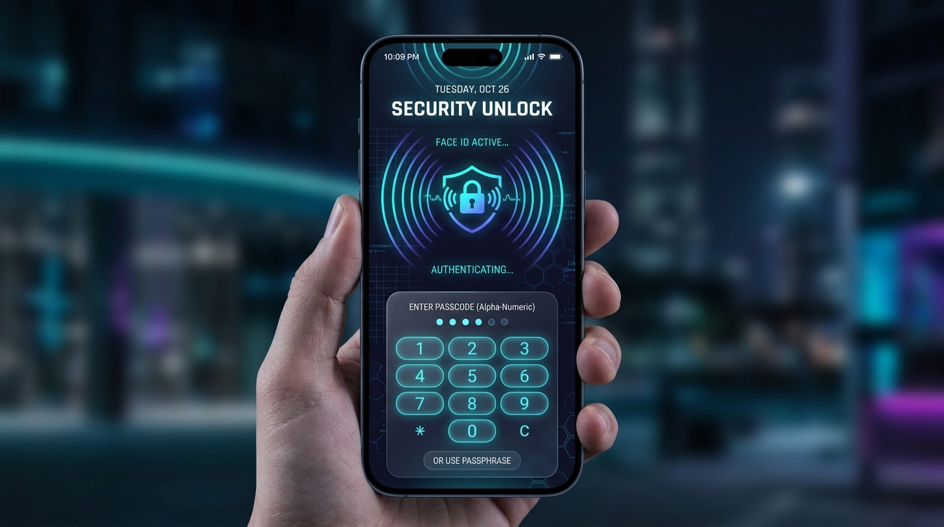 Smartphone lock screen interface showing numeric keypad and alphanumeric passcode options with biometric encryption