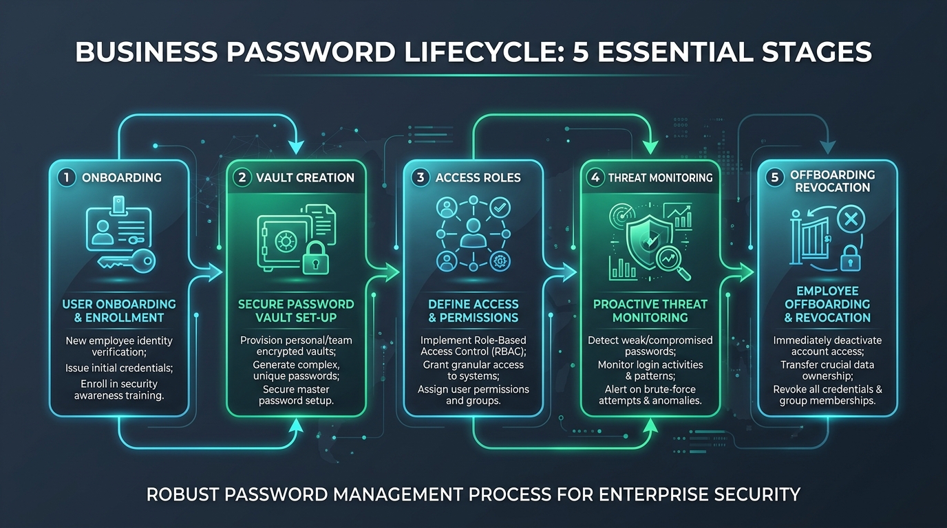 Flowchart showing the 5-step lifecycle of employee credential management and offboarding access revocation