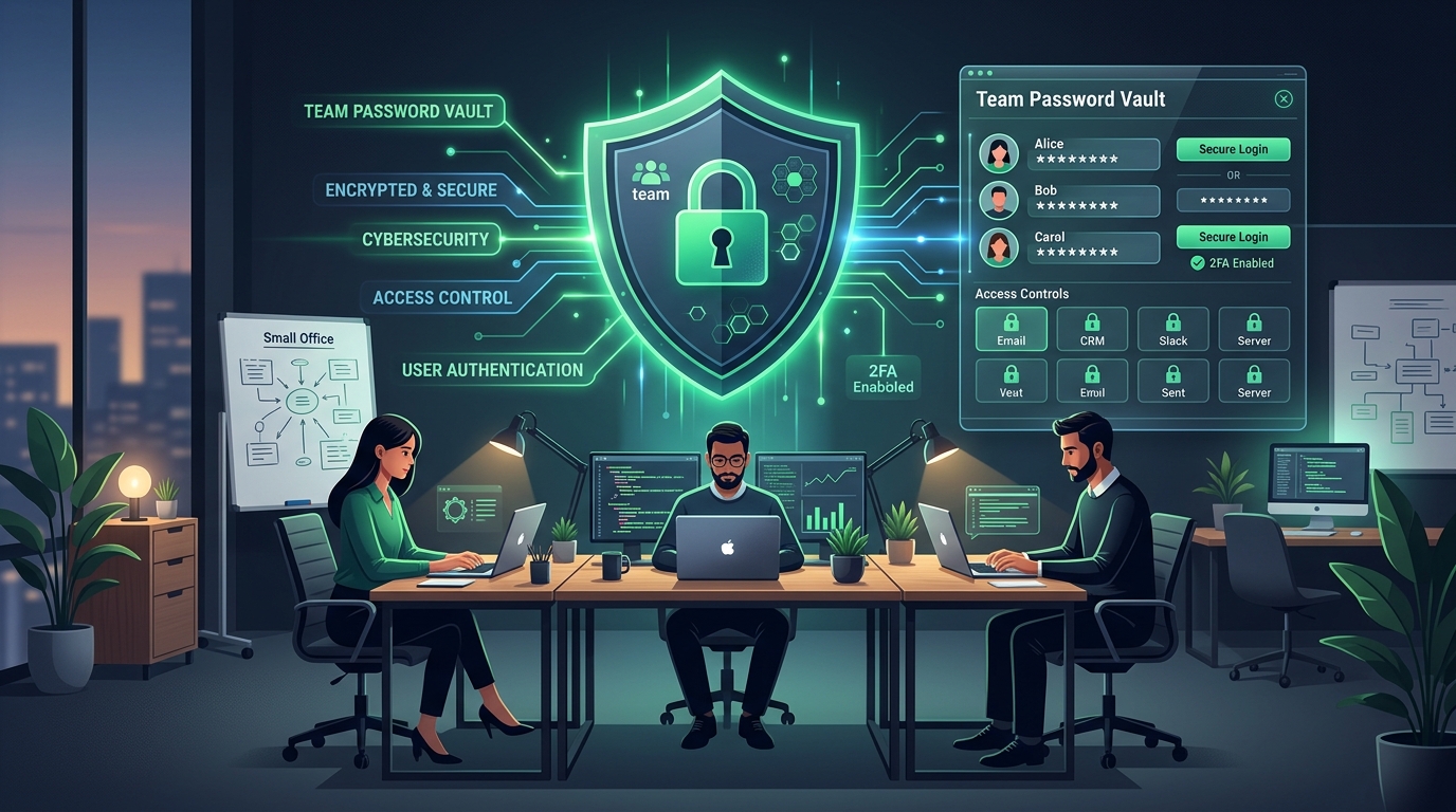 Small business password policy checklist illustrating secure team vault credentials and multi-factor authentication controls